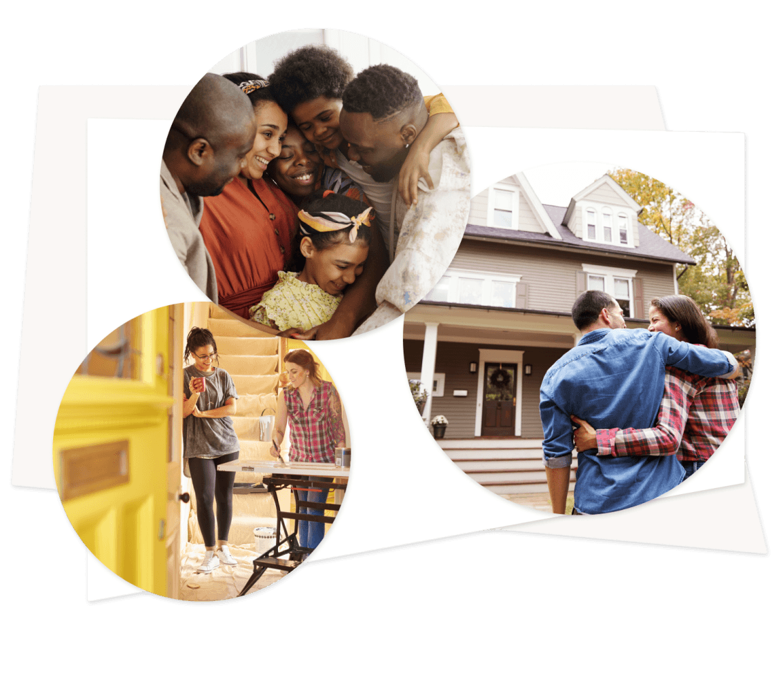 collage of families, friends, and couples co-buying homes together